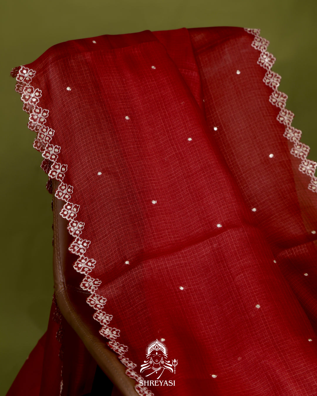 Handloom Pure Tussar Kota Saree with Scalloped Pitta Embroidery Border