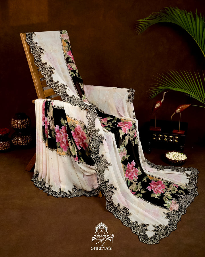 Pure Georgette Floral Saree with Chantilly Lace Embroidery Border