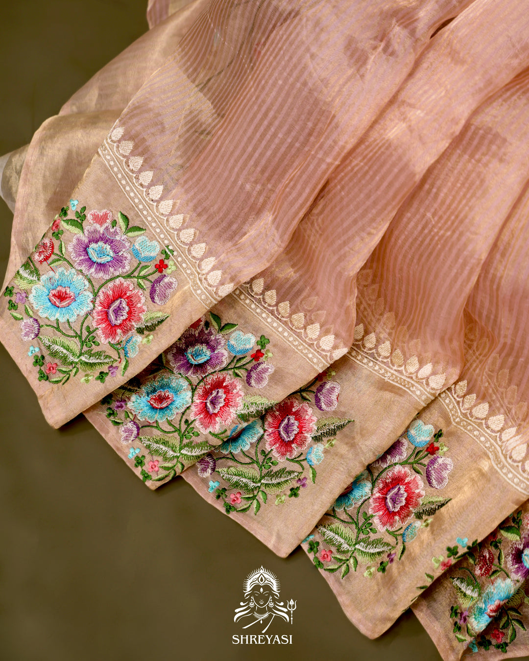 Handloom Banarasi Tissue Stripe Silk Saree with Satin Stitch Floral Embroidered Borders
