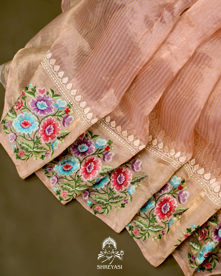 Handloom Banarasi Tissue Stripe Silk Saree with Satin Stitch Floral Embroidered Borders