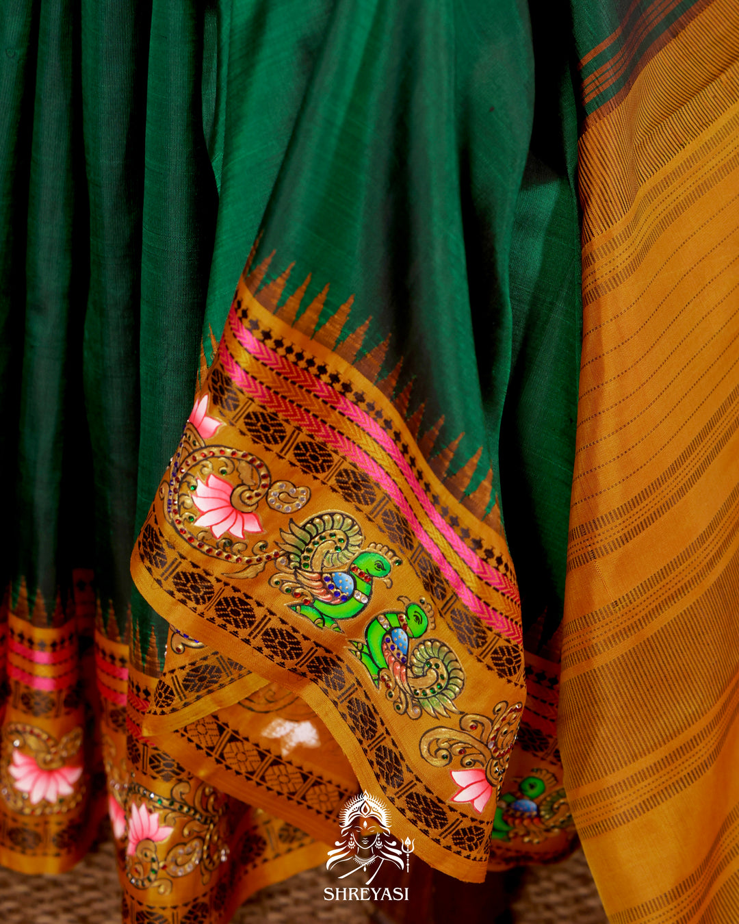 Handloom Pure Kanjivaram Silk Saree in Real Zari with Tanjore Mayil and Kamalam Artwork