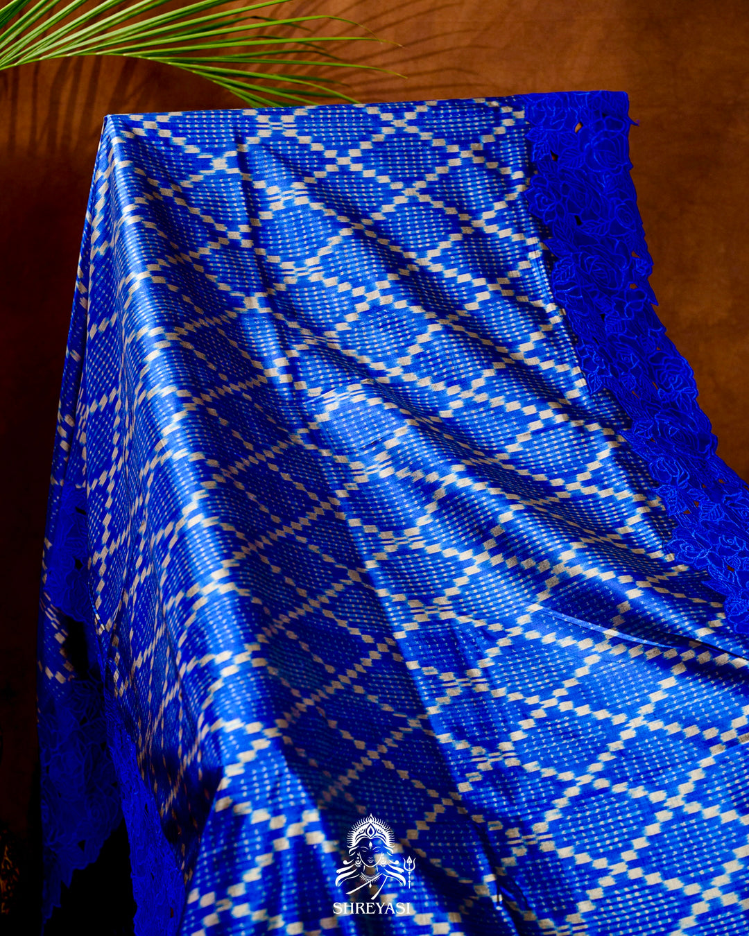 Handloom Pure Patola Silk Saree with Scalloped Floral Appliqué Embroidered Borders