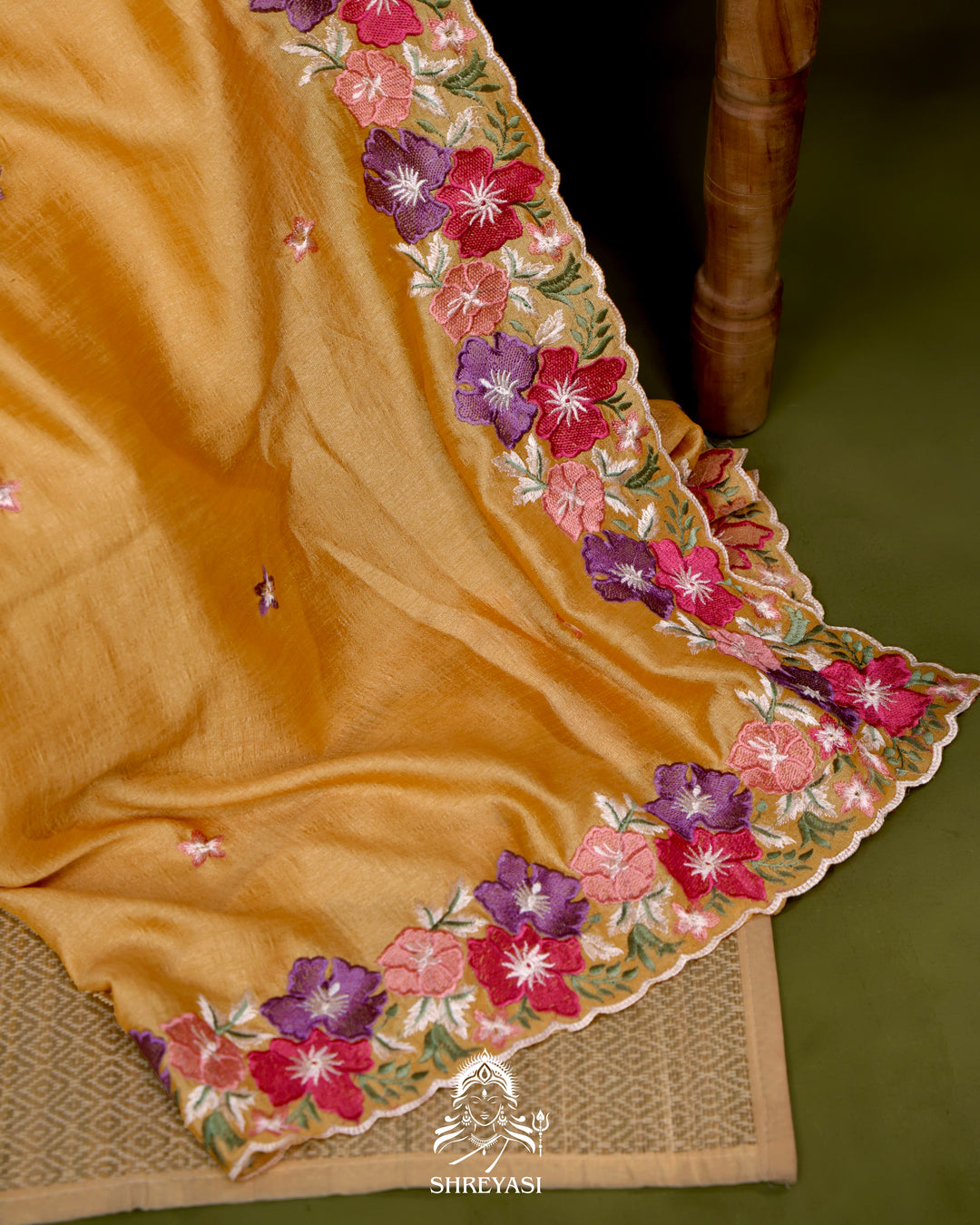 Tussar Silk Saree with Resham Floral Embroidery Border