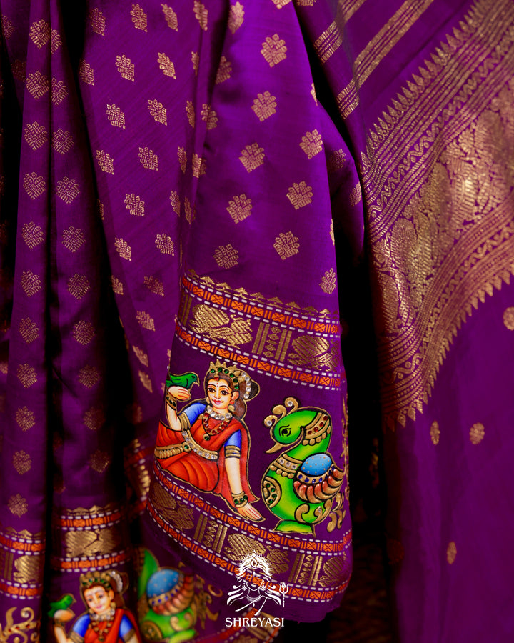 Handloom Pure Kanjivaram Silk Saree in Real Zari with Tanjore Madhura Meenakshi, Mayil and Kamalam Artwork