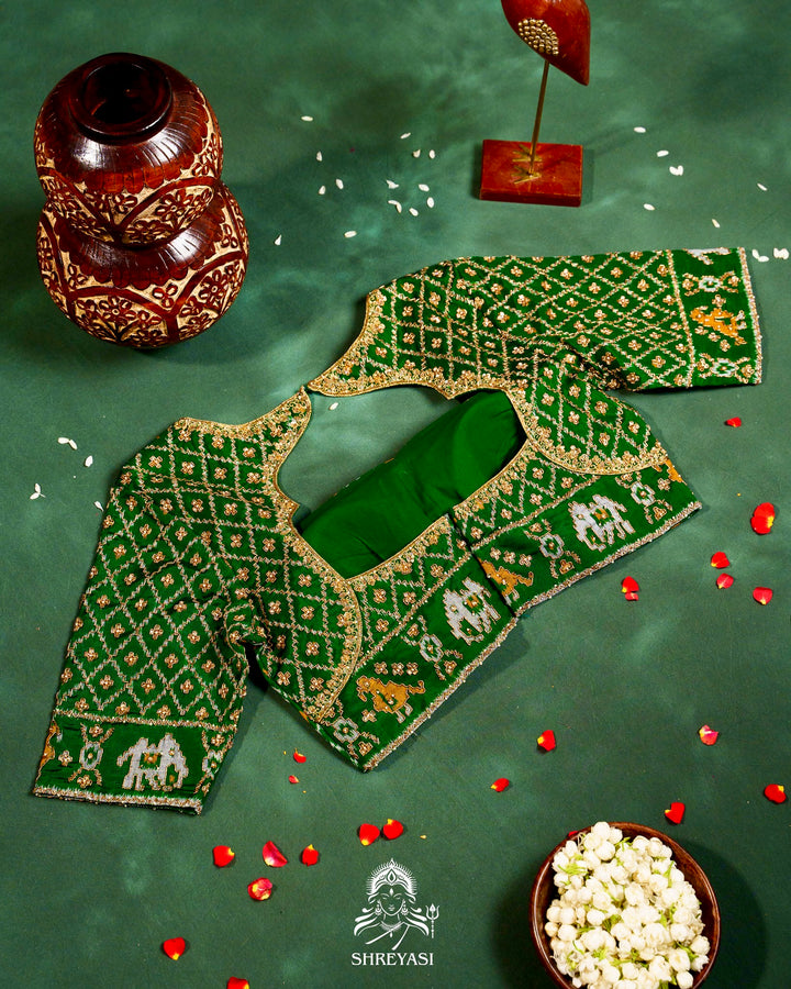 Handloom Pure Single Ikat Rajkot Patola Silk Blouse with Rich Hand Embroidery