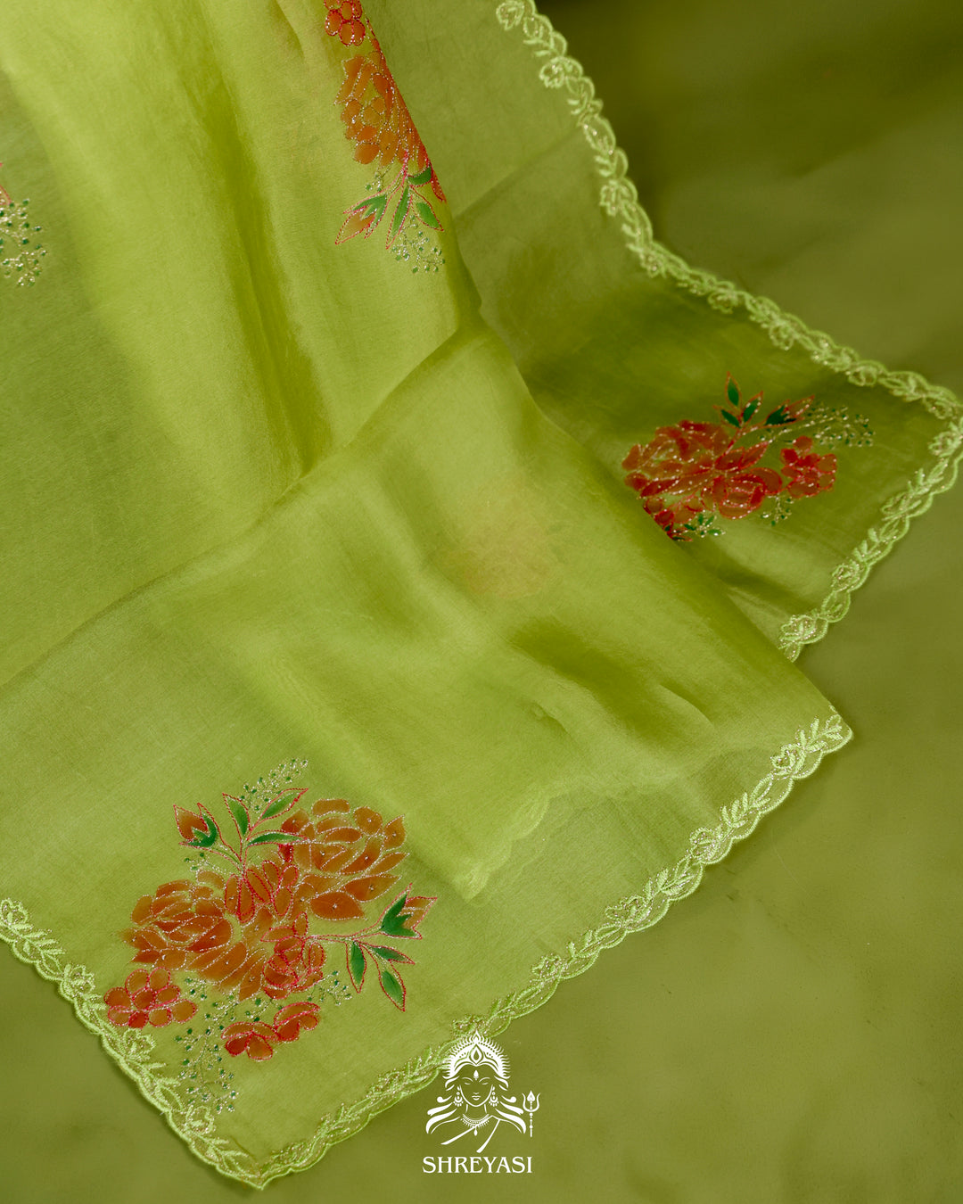 Hand Painted Floral Pure Organza Silk Saree with Pita Embroidery