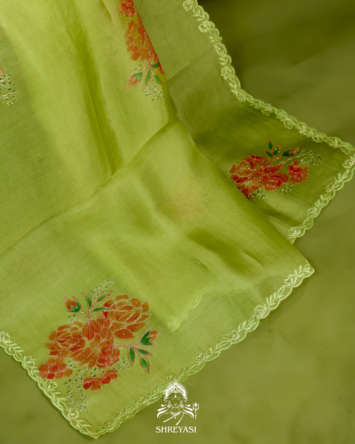 Hand Painted Floral Pure Organza Silk Saree with Pita Embroidery