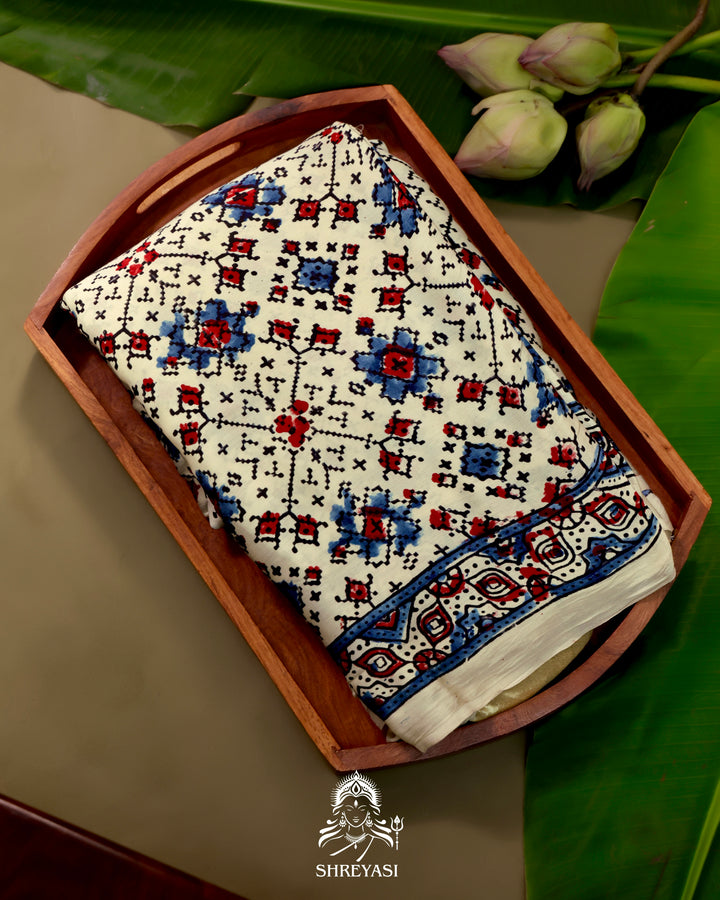 Pure Modal Gaji Silk Lagdi Patta Ivory Blue Ajrakh Saree in Natural Dyes