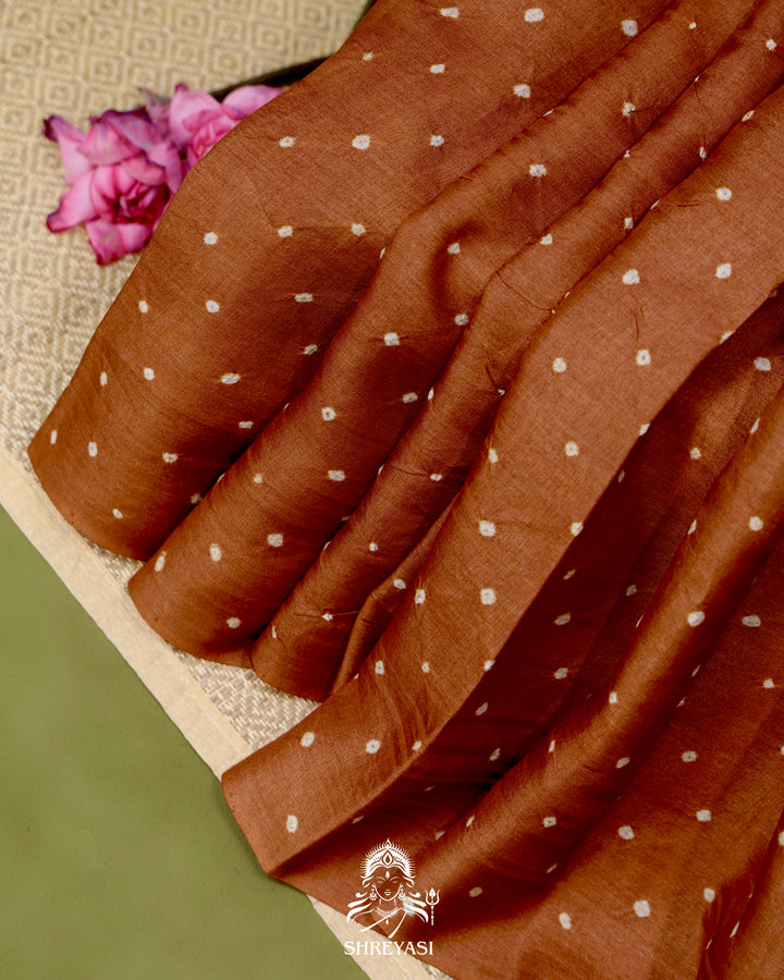 Handloom Pure Tussar Silk Saree with Hand Knotted Bandhej and Pen Kalamkari Pallu and Blouse