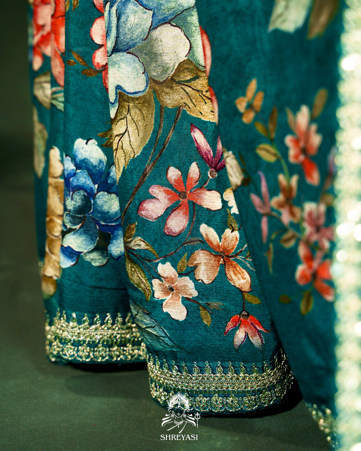 Floral Crepe Chiffon Saree with Embroidered Borders