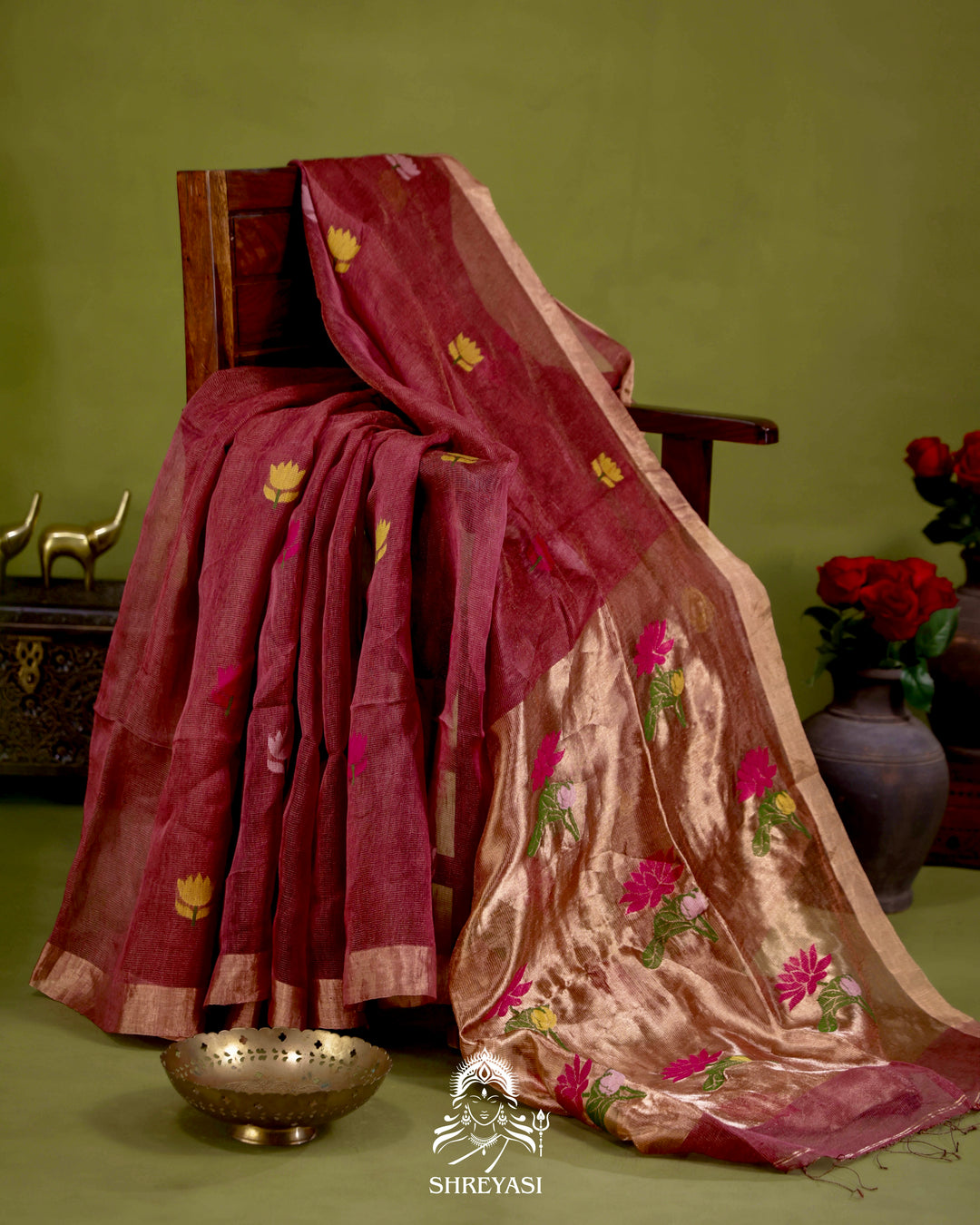 Handloom Silk Linen Jamdani Saree with Tissue Paithani Pallu
