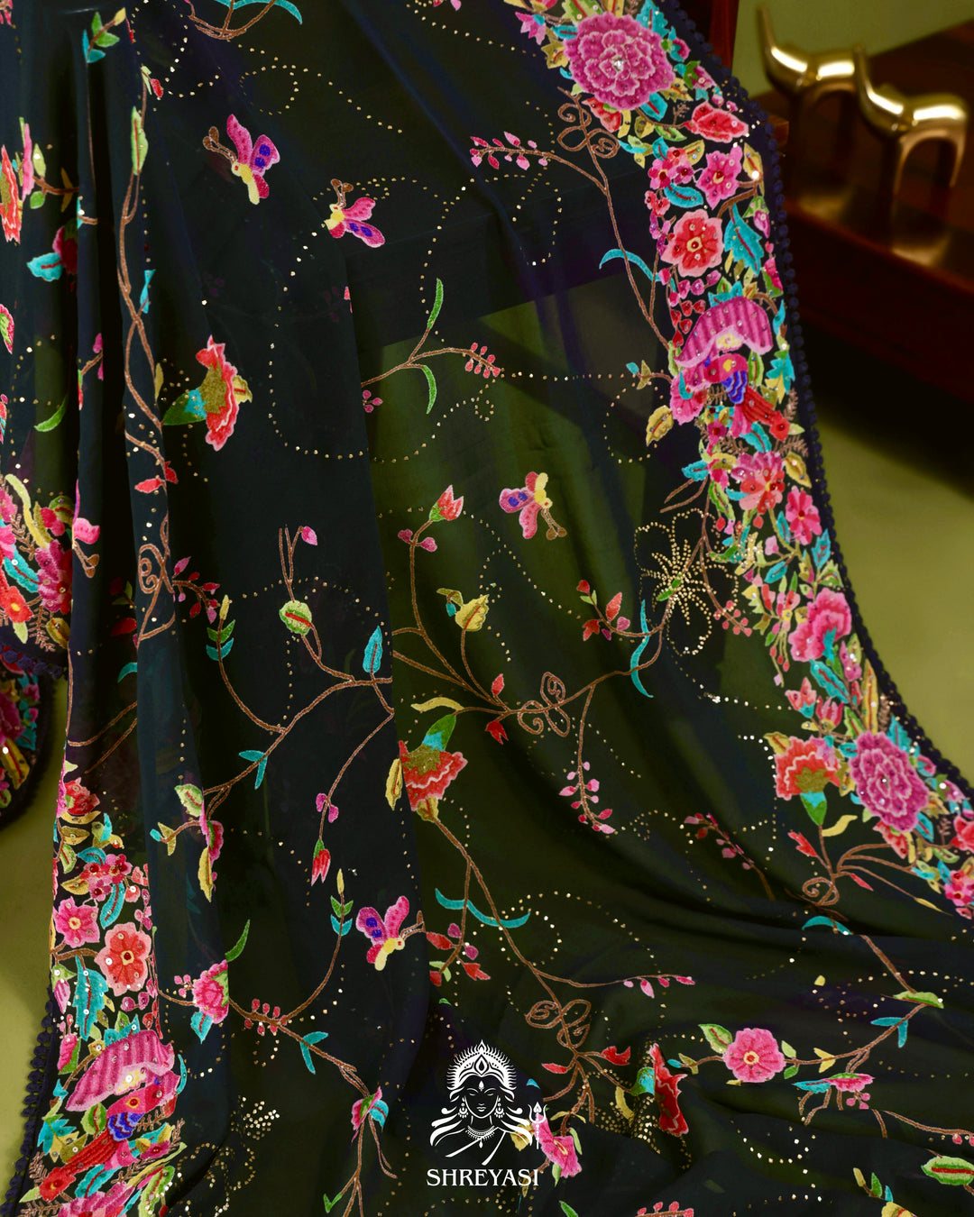 Midnight Floral Pure Georgette Saree with Mukaish, Bead & Sequin Work