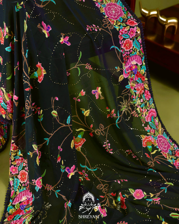 Midnight Floral Pure Georgette Saree with Mukaish, Bead & Sequin Work