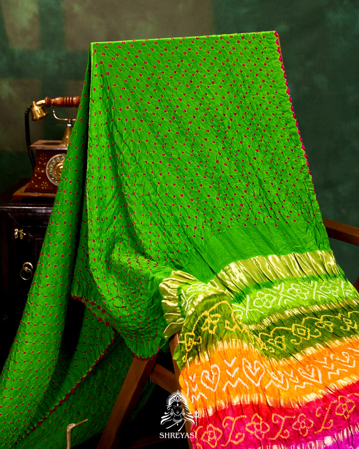 Handloom Pure Bandhani Gaji Silk Saree with Hand-Knotted Bandhej and Multicolored Bandhani Pallu