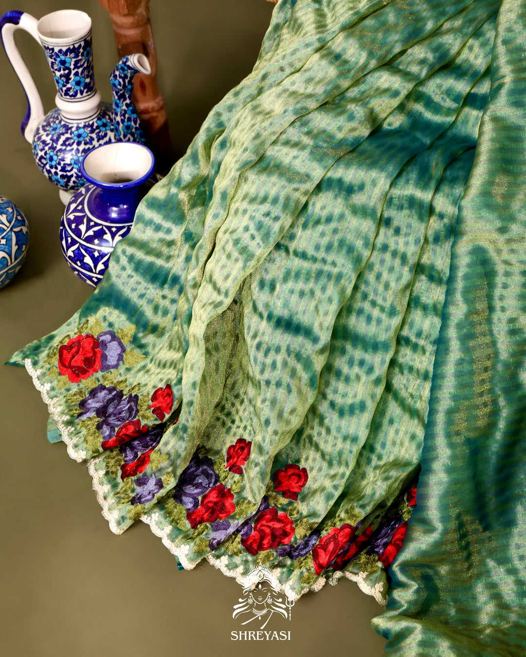 Chanderi Tissue Saree with Pita & Thread Floral Embroidery