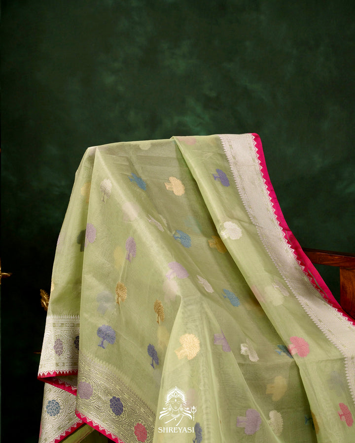 Handloom Pure Banarasi Ektara Kora Silk Saree with Meenakari Weaving & Embroidered Blouse