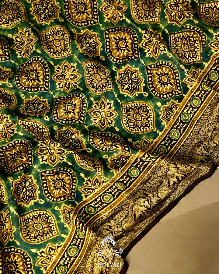 Hand Block Printed Ajrakh Dola Silk Saree with Zari Brocade Blouse