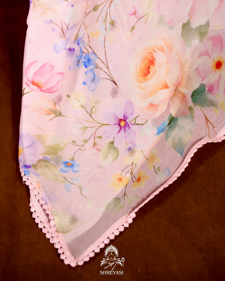 Pure Chiffon Floral Saree with Crochet Embroidery Border