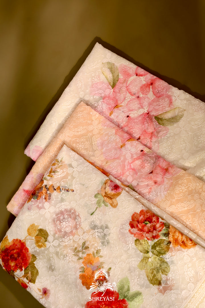 Georgette floral saree with chikankari embroidery
