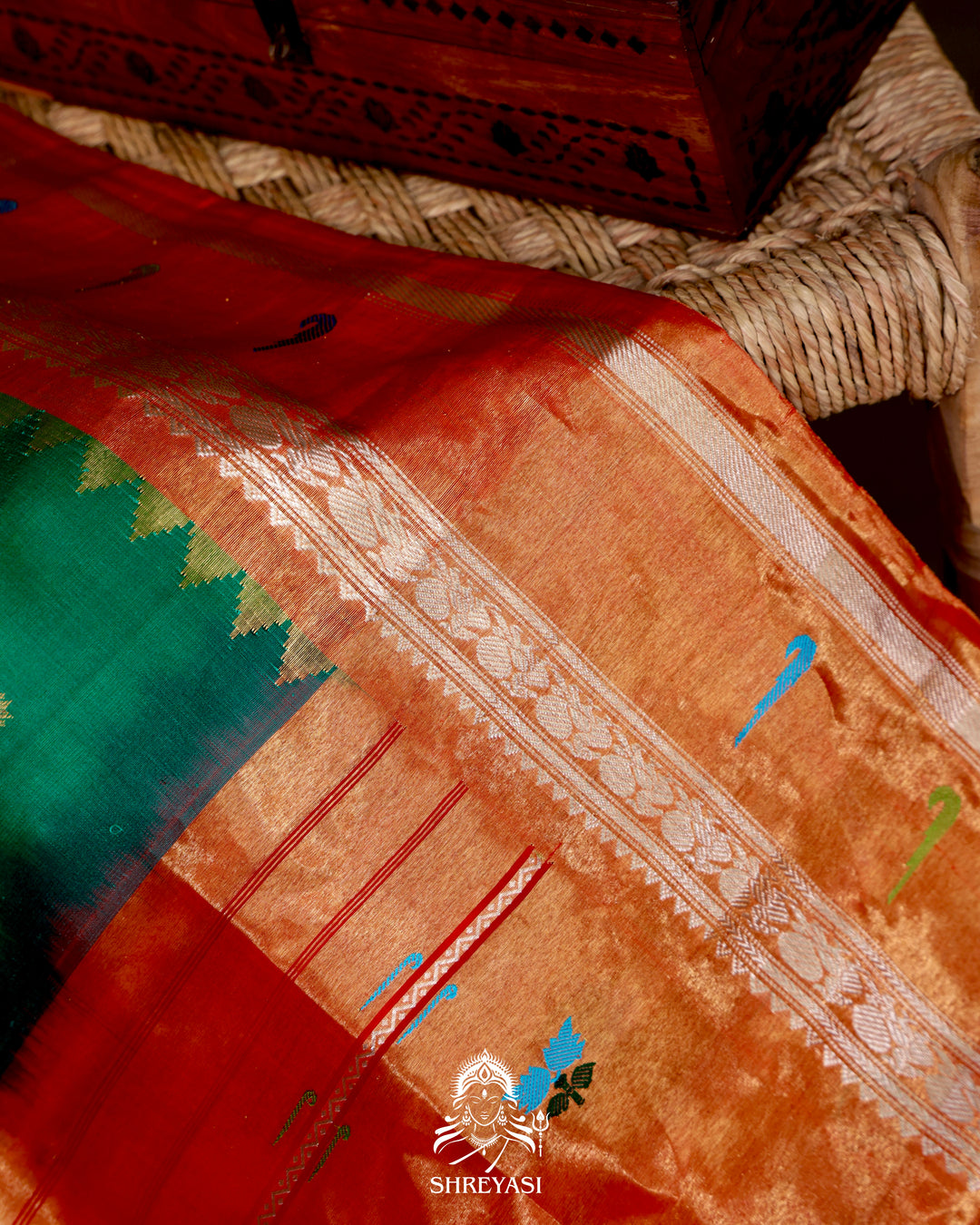 Handloom Pure Gadwal Silk Saree with Paithani Muniya Tissue Borders