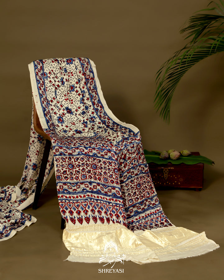Pure Modal Gaji Silk Lagdi Patta Ivory Blue Ajrakh Saree in Natural Dyes