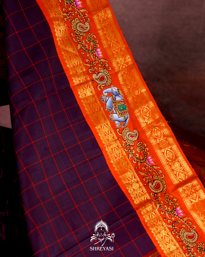 Handloom Pure Kanjivaram Silk Saree in Real Zari with Tanjore Yanai, Manga and Kamalam Artwork