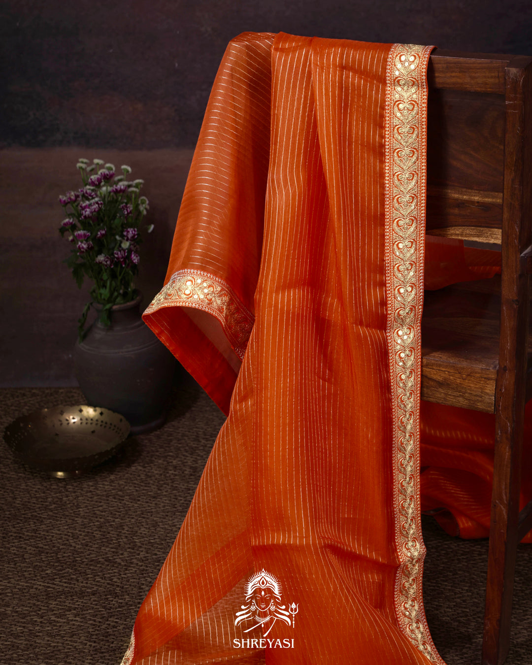 Pure Organza Silk Saree in Orange with Embroidered Border