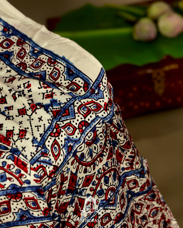 Pure Modal Gaji Silk Lagdi Patta Ivory Blue Ajrakh Saree in Natural Dyes