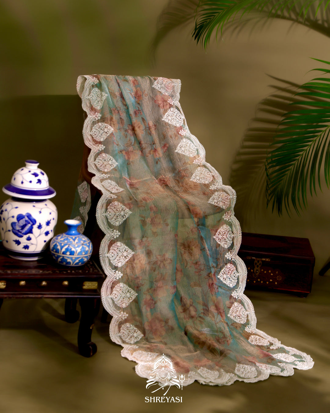 Handloom Pure Crushed Ektara Tissue Silk Saree with Floral Print and Scallop Embroidery