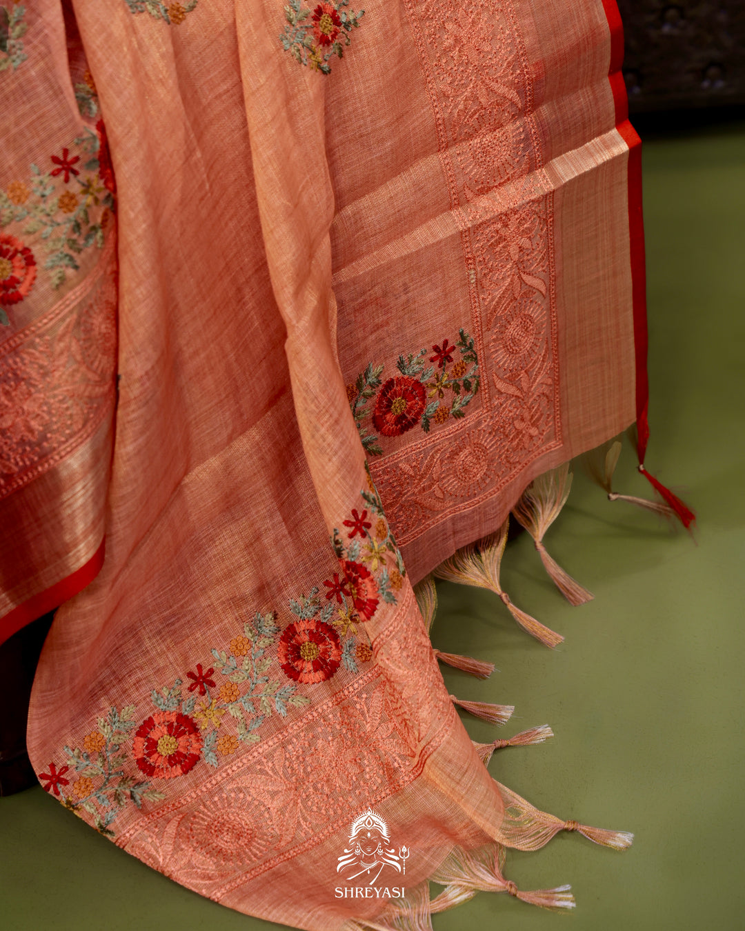 Bengal Linen Saree with Resham Floral Embroidery
