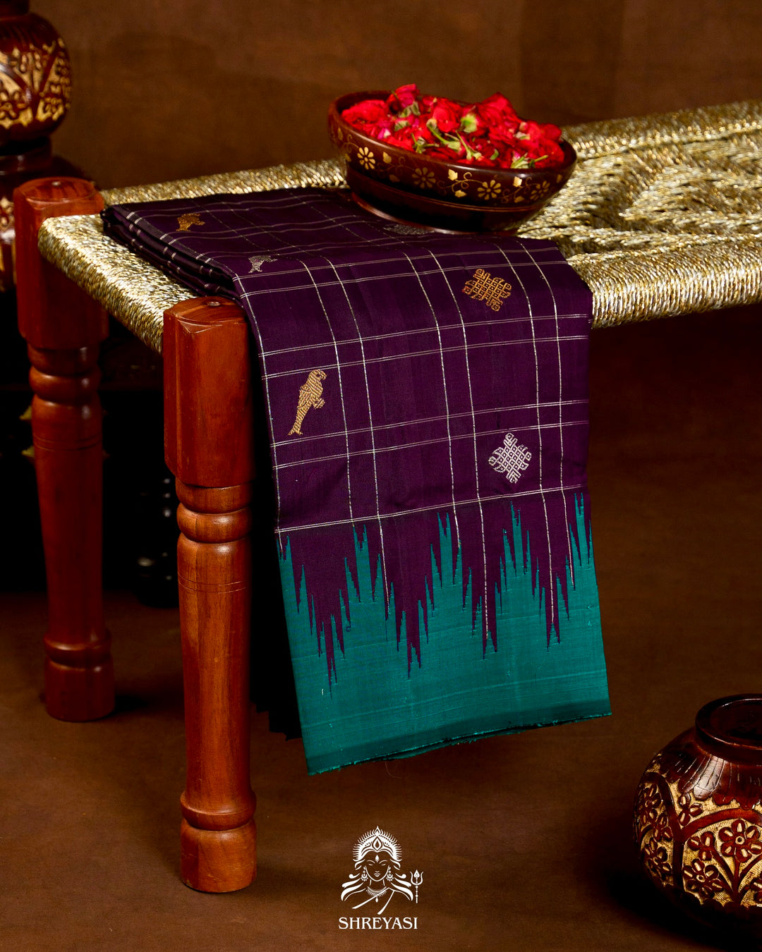 Handloom Pure Gadwal Silk Saree with Kuttu Korvai Border, Zari Checks & Traditional Motifs