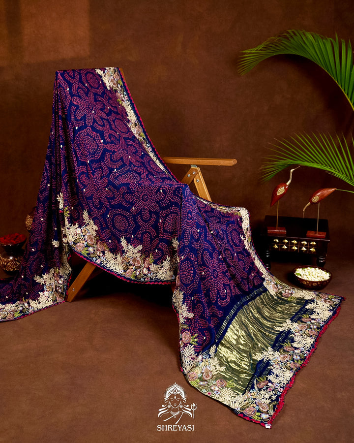 Handloom Pure Gaji Silk Bandhej Saree with Floral Embroidery
