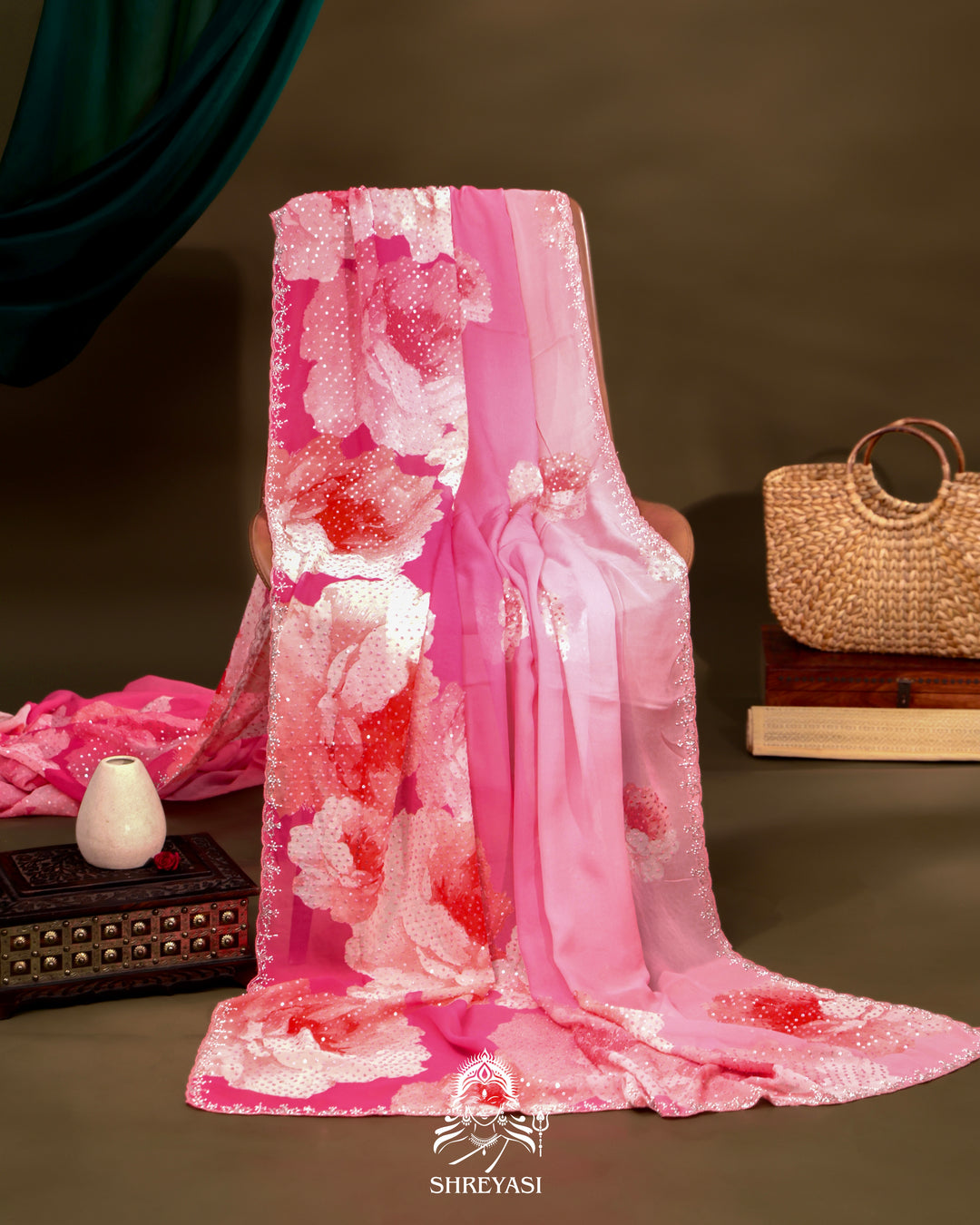 Blush Pink Pure Georgette Saree with Hand Embroidered Sequins and Cutdana Work