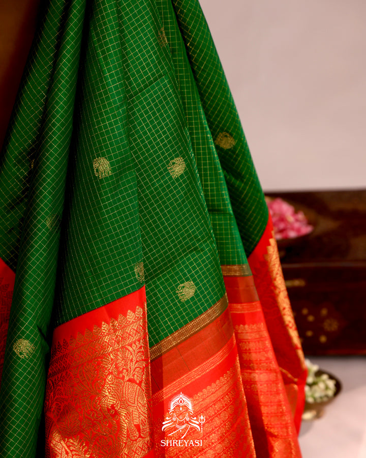 Handloom pure Kanjivaram silk saree with real zari, kattam checks, and traditional motifs