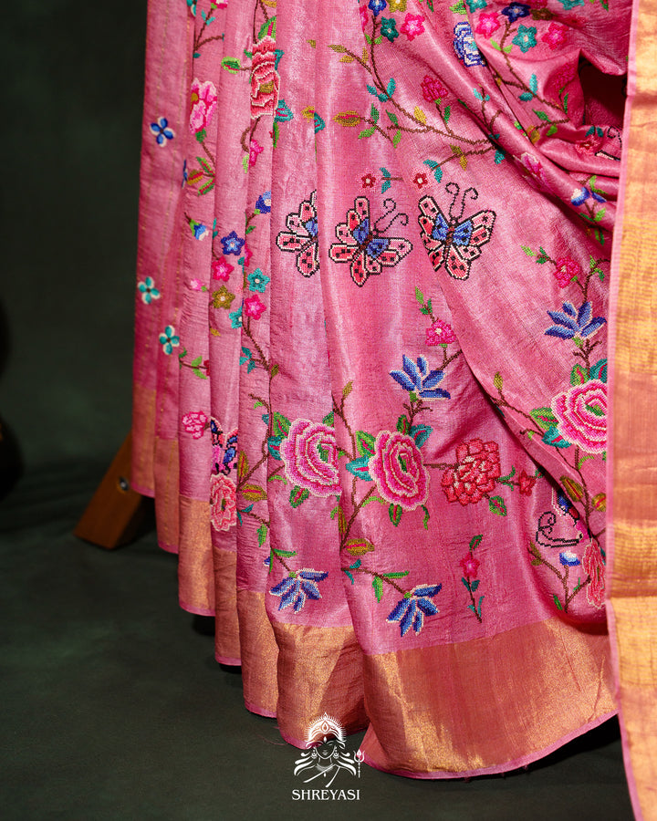 Handloom Pure Desi Tussar Silk Saree with Petit Point Embroidery