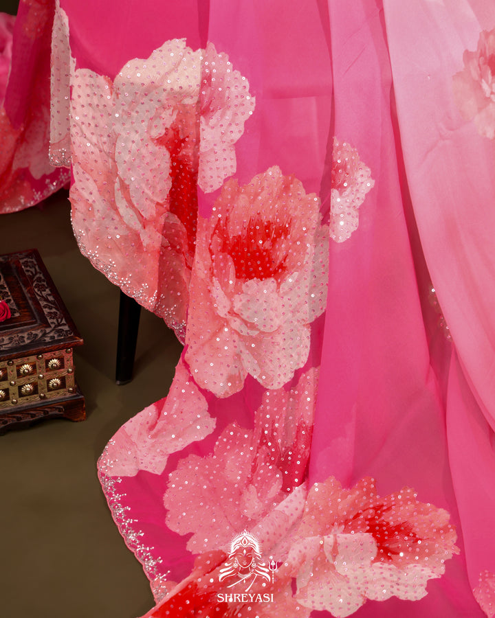 Blush Pink Pure Georgette Saree with Hand Embroidered Sequins and Cutdana Work