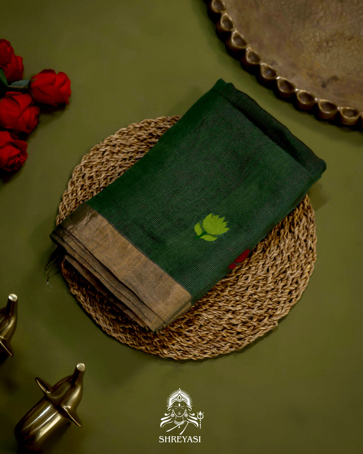 Handloom Silk Linen Jamdani Saree with Tissue Paithani Pallu