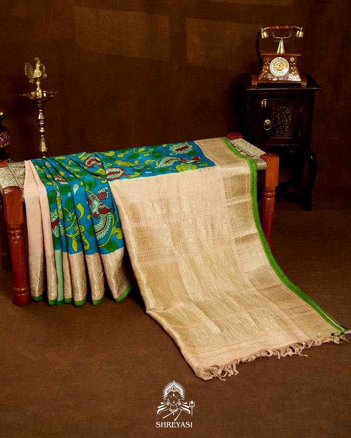 Handloom Pure Gadwal Silk Saree with Hand Painted Pen Kalamkari and Silver Zari Borders