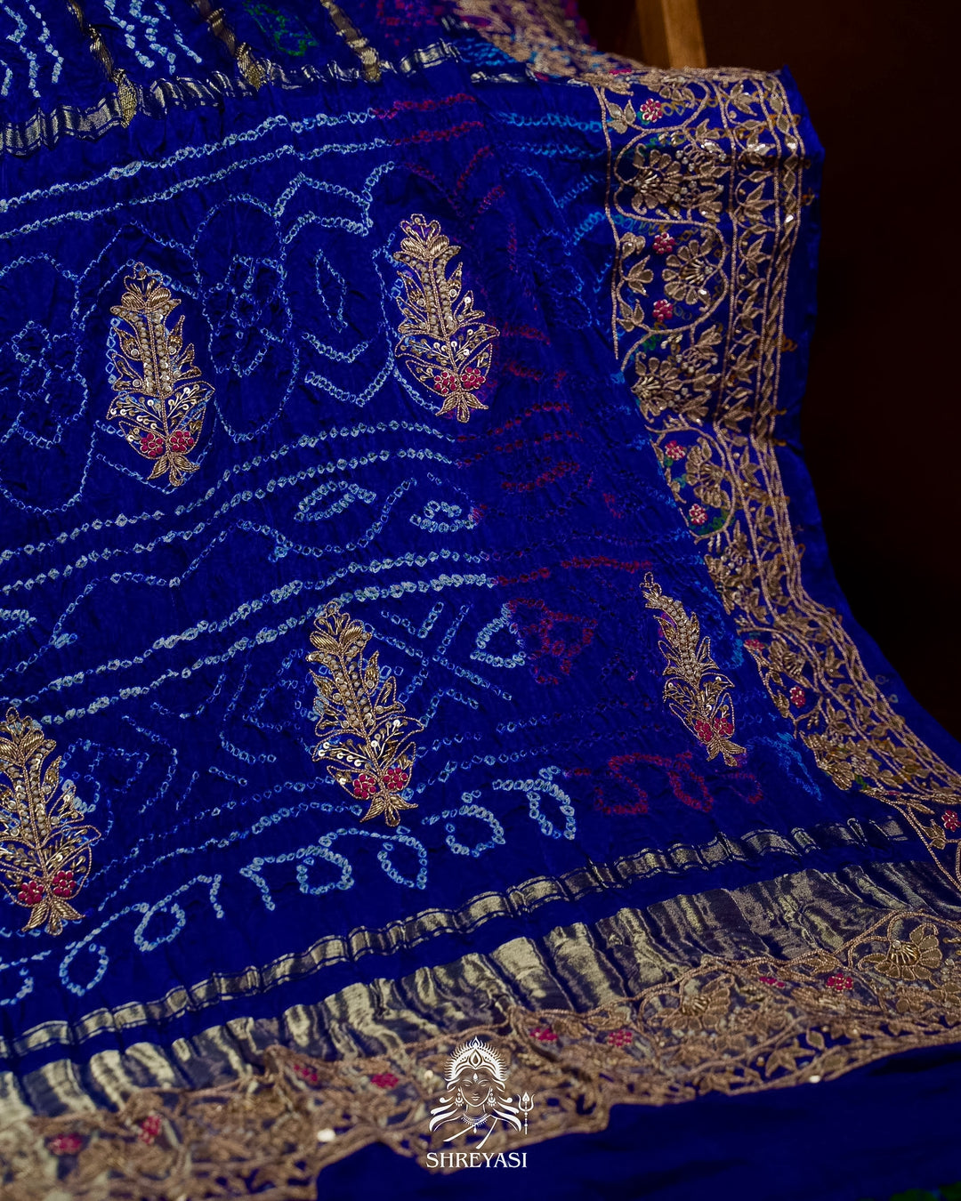 Handloom Pure Gaji Silk Gharchola Bandhej Saree with Multicolor Bandhani, Multicolor Pallu & Handcrafted Gota Patti Borders