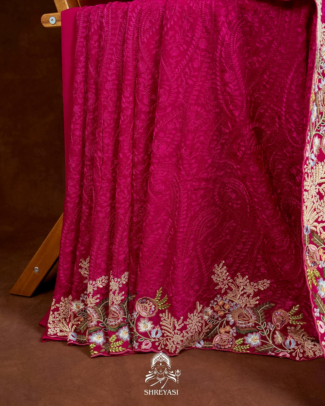 Premium Pure Georgette Chikankari Saree in Jewel Magenta with Embroidered Floral Borders