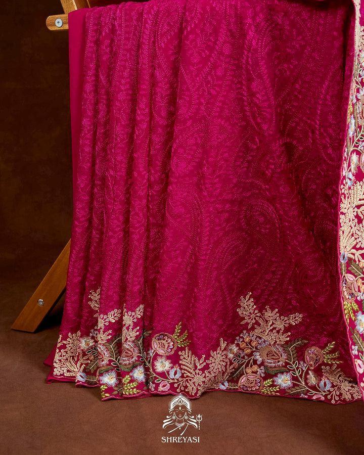 Premium Pure Georgette Chikankari Saree in Jewel Magenta with Embroidered Floral Borders