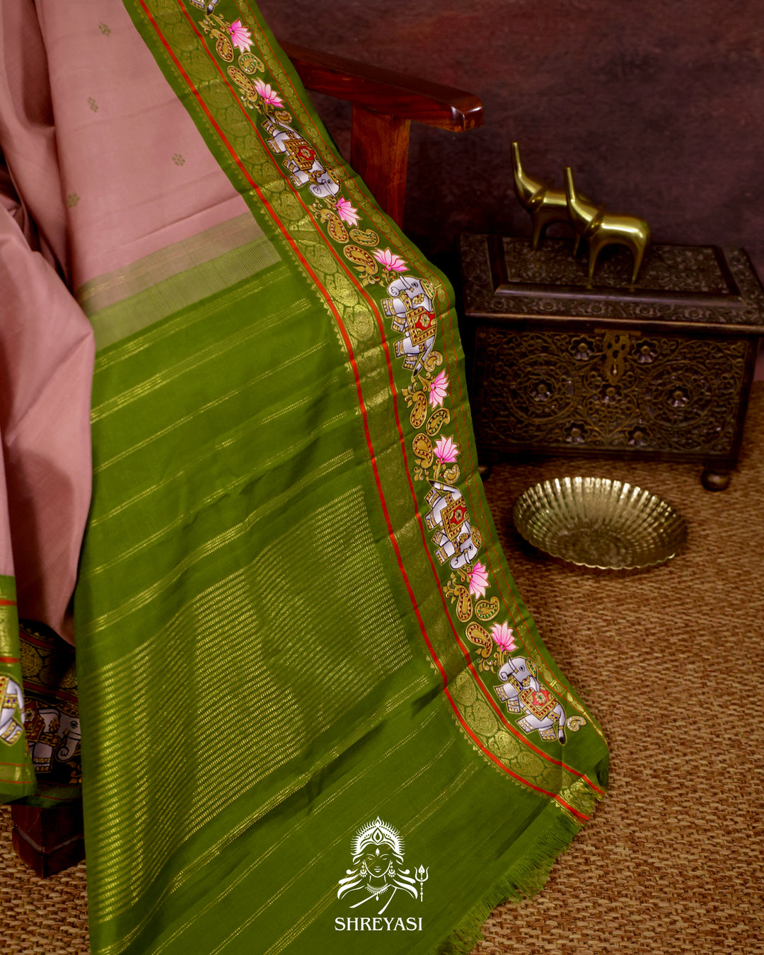 Handloom Pure Kanjivaram Silk Saree in Real Zari with Tanjore Yanai and Kamalam Artwork