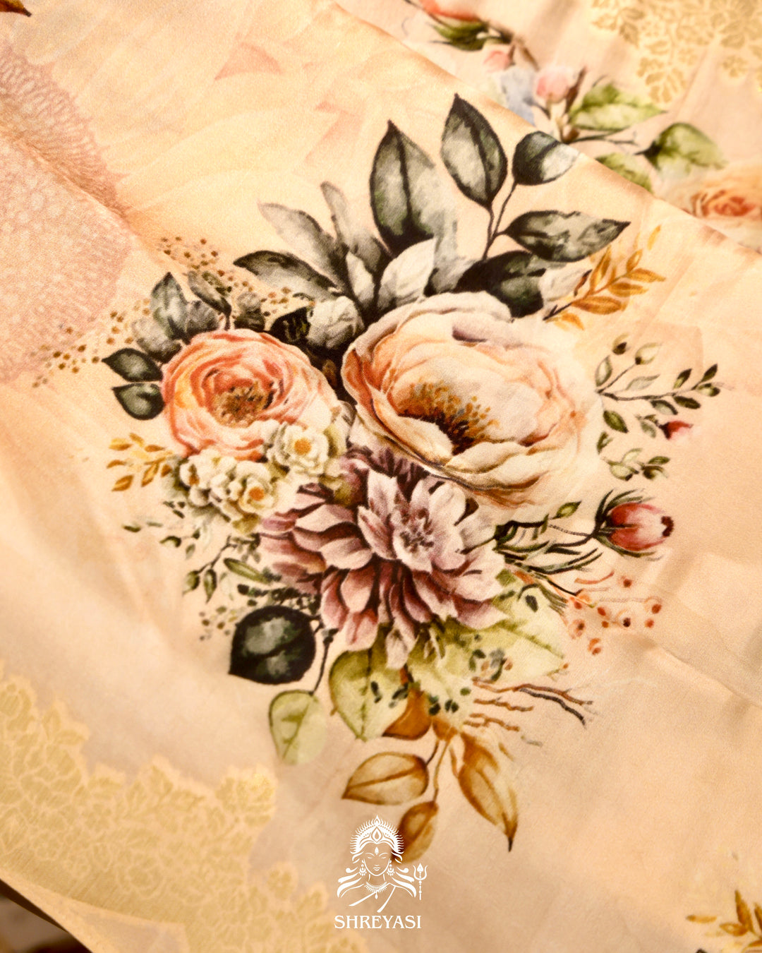 Banarasi Chiniya Silk Saree with Floral Body and Scalloped Zari Border