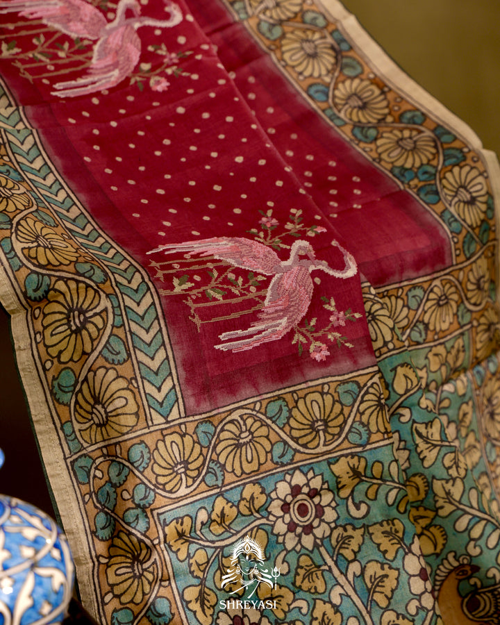 Tussar Silk Bandhej Saree with Pen Kalamkari and Petit Point Embroidery