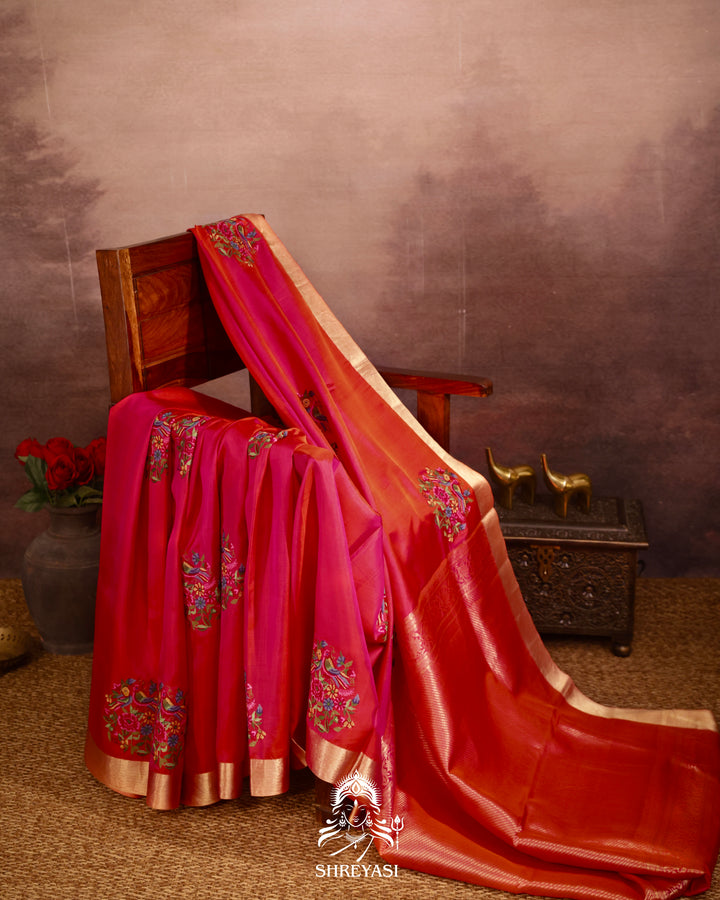 Handloom Pure Kanjivaram Soft Silk Saree with Petit Point Embroidered Floral Bird Clusters