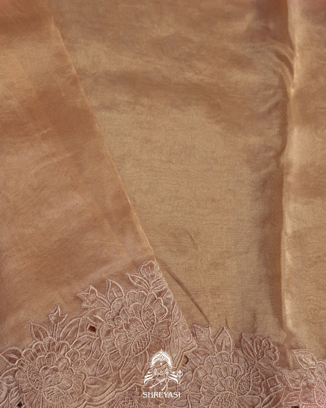 Handloom Pure Tissue Silk Saree with All Over Petit Point Embroidery and Chantilly Lace Borders