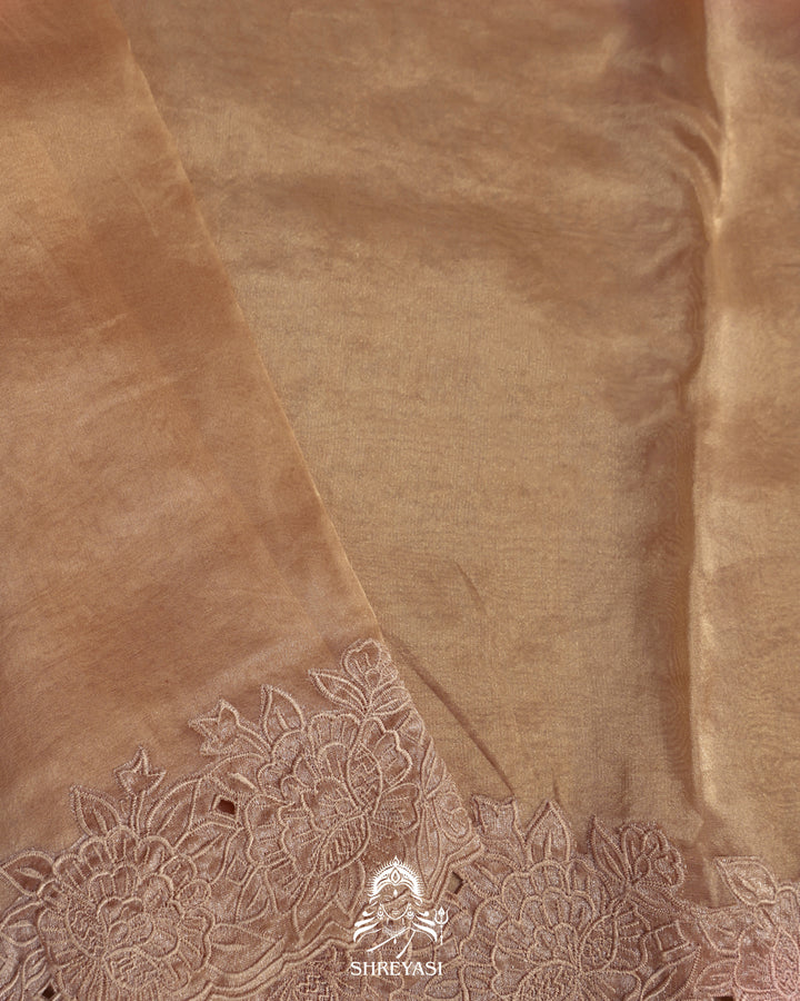 Handloom Pure Tissue Silk Saree with All Over Petit Point Embroidery and Chantilly Lace Borders