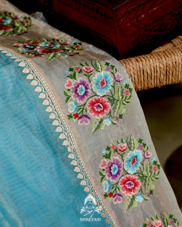 Handloom Banarasi Tissue Stripe Silk Saree with Satin Stitch Floral Embroidered Borders