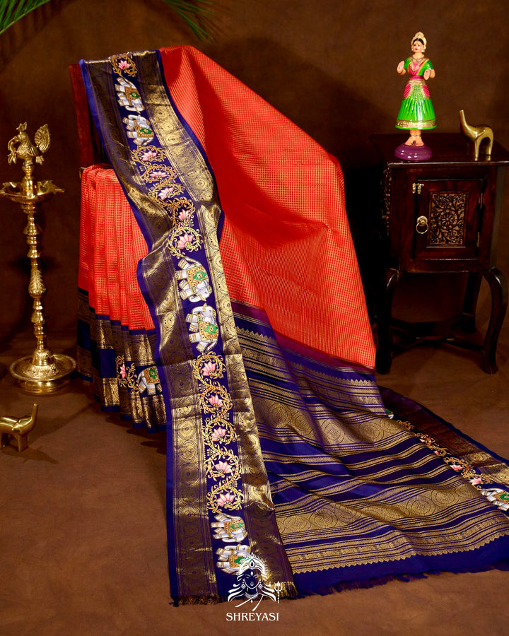 Handloom Pure Kanjivaram Silk Sarees with Real Zari and Hand Painted Tanjore Art