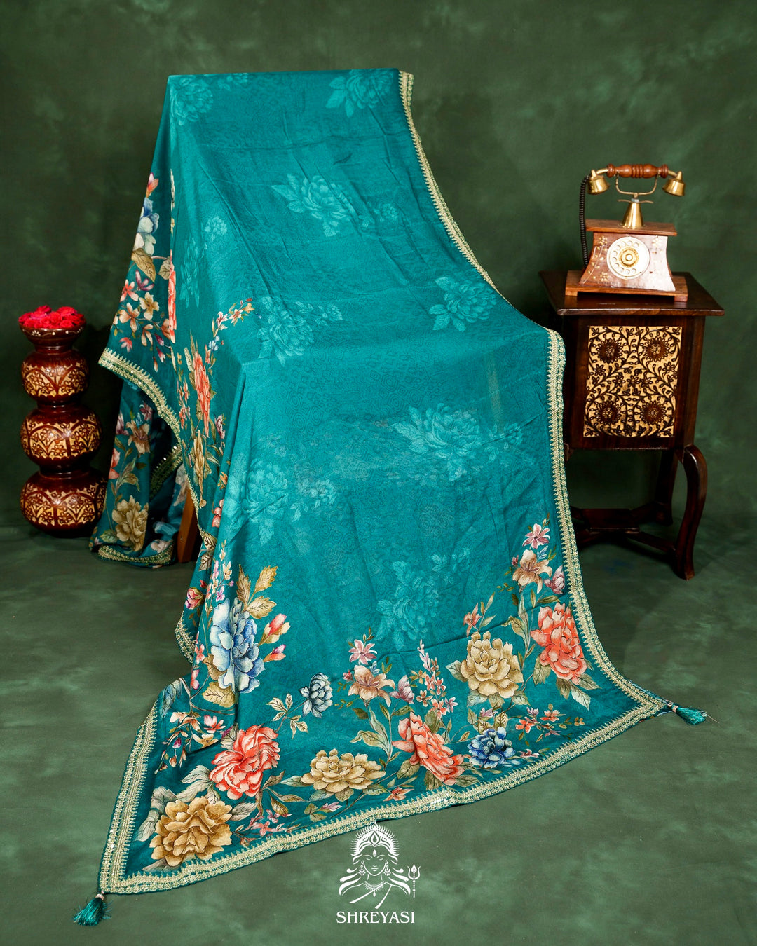 Floral Crepe Chiffon Saree with Embroidered Borders